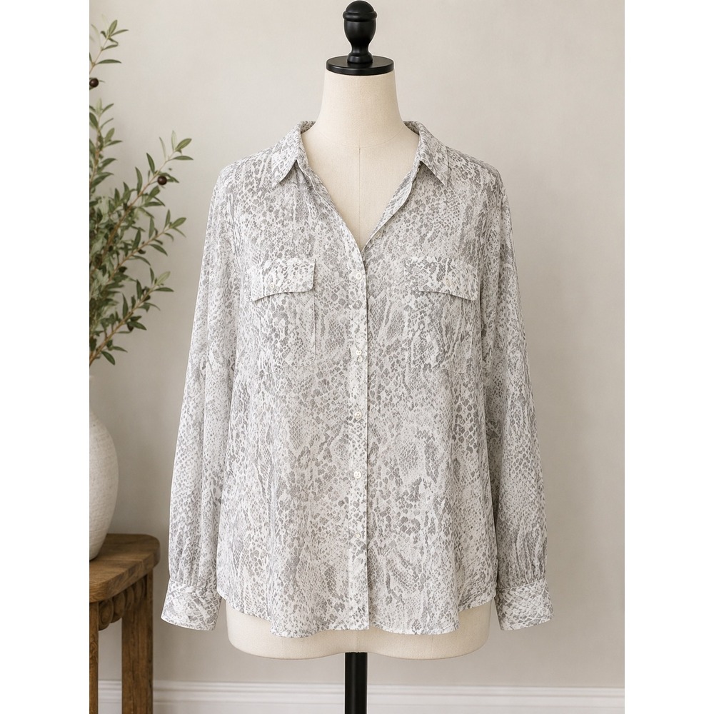 Chicos Snakeskin Animal Print Button Down Blouse Grey Tan Size 3 XL 16/18